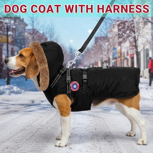 PAWNISAW Dog Winter Coat with Harness Built in, Warm Thick Plush Hooded Dog Snow Jacket for Cold Weather, Windproof Reflective Pet Clothes Outfit for Small, Medium, Large, XL & XXL Dogs Outdoor - color: Black