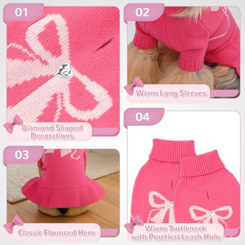 Valentines Bowknot Dog Sweater Dress for Small Dogs Girl, Stretchy Pet Sweaters Pullover Coats, Fall Winter Warm Dog Turtleneck Sweater (Pink, L) - color: Pink, size: Large (15-22lbs)