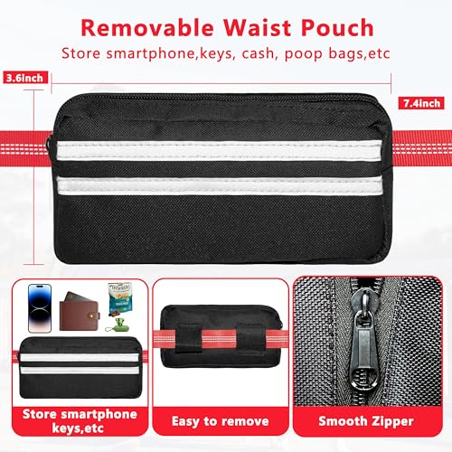 Hands Free Dog Leash with Zipper Pouch, Running Waist Leash for Dog Walking, Adjustable Waist Belt for Large Dogs, Reflective Bungee Design with Two Handle for Hiking, Training, Red - color: Red