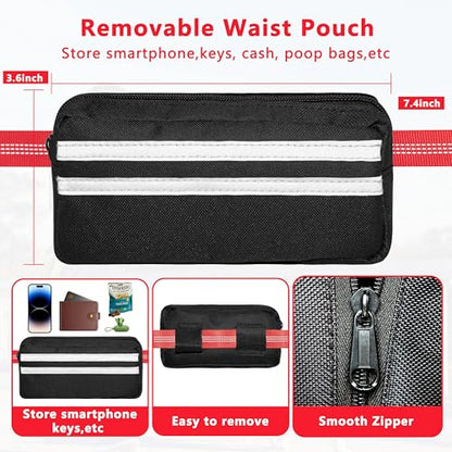 Hands Free Dog Leash with Zipper Pouch, Running Waist Leash for Dog Walking, Adjustable Waist Belt for Large Dogs, Reflective Bungee Design with Two Handle for Hiking, Training, Red - color: Red