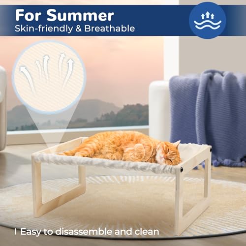 Cat Bed with Washable Pad - 9.5" Elevated Wooden Cat Hammock Bed, 360° View Design, Cot with Breathable Summer Mattress for Kitty, Puppy, Rabbit and All Pets - color: Cream Color (Thin)