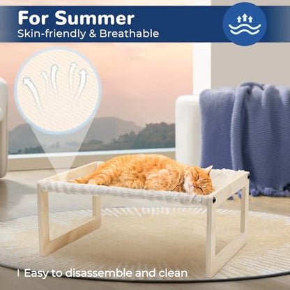 Cat Bed with Washable Pad - 9.5" Elevated Wooden Cat Hammock Bed, 360° View Design, Cot with Breathable Summer Mattress for Kitty, Puppy, Rabbit and All Pets - color: Cream Color (Thin)