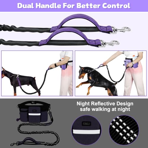 Heavy Duty Hands Free Dog Leash with Zipper Pouch Waist Belt for Large Medium Dogs for Running, Walking, Jogging and Hiking, Dual Padded Handles and Durable Bungee (1 Dog Purple) - color: 1 Dog Purple