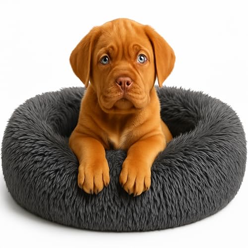 Calming Dog Bed - Fluffy Donut Cuddler for Anxiety Relief, Orthopedic Pet Bed with Non-Slip Bottom, Cozy Round Faux Fur Nest for Dogs and Cats, Plush Crate Mat for Comfort (Dark Grey, Small) - color: Dark Grey, size: Small
