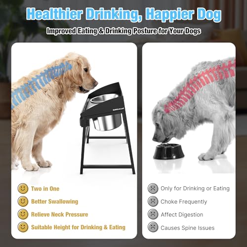 Spill Proof Tilted Elevated Dog Bowls for Large Breed, 15“ Tall Raised Dog Bowl with Stand, Stainless Steel Dog Food Bowl & Water Bowl Set for Indoor & Outdoor Use, Easy Clean Large Dog Bowl Dog Dish