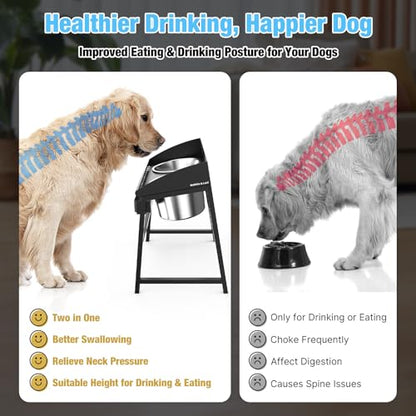 Spill Proof Tilted Elevated Dog Bowls for Large Breed, 15“ Tall Raised Dog Bowl with Stand, Stainless Steel Dog Food Bowl & Water Bowl Set for Indoor & Outdoor Use, Easy Clean Large Dog Bowl Dog Dish
