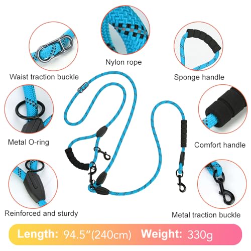 Cymiler Hands Free Dog Leash, 8 Ft Reflective Cross-Body Pet Rope Leashes with Sponge Handle, Heavy Duty Nylon, for Running, Hiking, Training, Waist Leash for Small Medium Large Dogs (Blue) - color: Blue