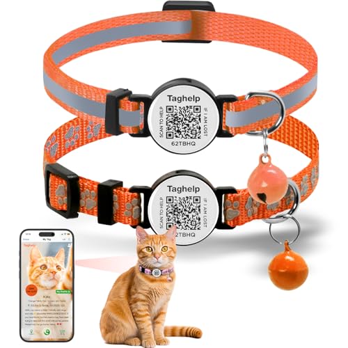 Personalized Paw Print Cat Collar with Smart QR Code ID Tag, 2-Pack Breakaway Reflective Safety Collars with Bell - Adjustable Polyester Collar for Easy Online Pet Profile (Orange) - color: reflective strip & Paw pattern - Orange, size: Collar Only