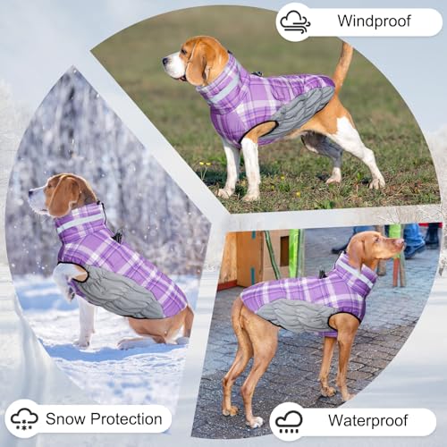 BEAUTYZOO Dog Winter Coat with Harness Built in, Reflective Plaid Puffer Vest Waterproof for X-Small Dogs, Fleece Warm Puppy Zipped Jacket with D Ring, Pet Cold Weather Sweater Clothes, Purple XS - color: Purple, size: X-Small