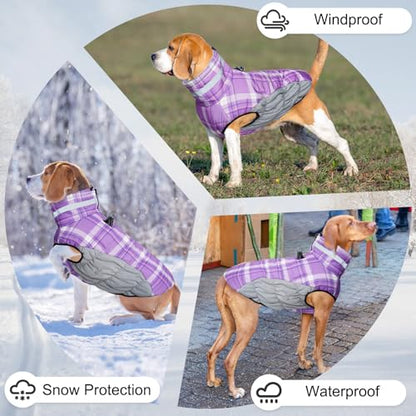 BEAUTYZOO Dog Winter Coat with Harness Built in, Reflective Plaid Puffer Vest Waterproof for Large Dogs, Fleece Warm Puppy Zipped Jacket with D Ring, Pet Cold Weather Sweater Clothes, Purple L - color: Purple, size: Large