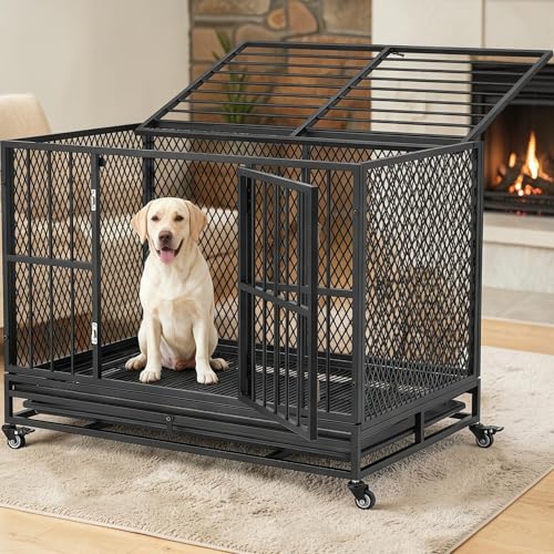 37 Inch Heavy Duty Dog Crate, Folding Dog Kennel for Medium/Small Dogs, Metal Dog Cage with Lockable Wheels, Dual Locks, Removable Tray, Easy Assembly - size: 36.6"L x 23.4"W x 28.3"H