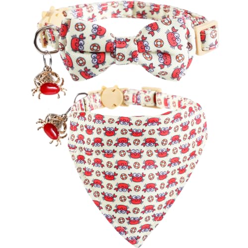 Cat Collar Breakaway with Cute Bow Tie Bandana and Bell Crab Accessories for Kitty Adjustable Safety - color: crab