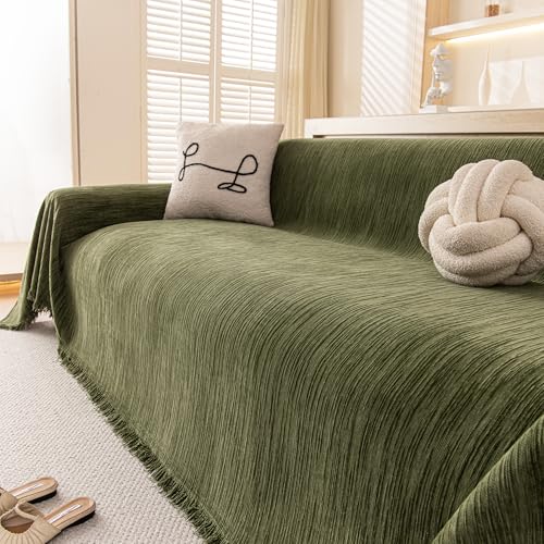 Couch Covers Sofa Cover for 3 Cushion Washable, Loveseat Slipcovers for Dogs, Pet L Shape Sectional Sofa Protector, Boho Couch Cover Blanket, Vertical Slub Chenille, Green, 91"x134" - color: Green, size: 91" ×134