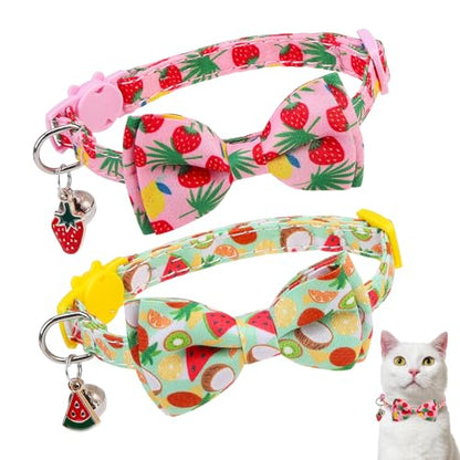 Cat Collar with Bell Bow Tie Fruit Breakaway Bowtie Cat Collar for Spring Summer, Adjustable Safety Kitten Collars with Removable Bowtie & Charm for Boys Girls Male Female Cats - color: Fruit Pink + Green