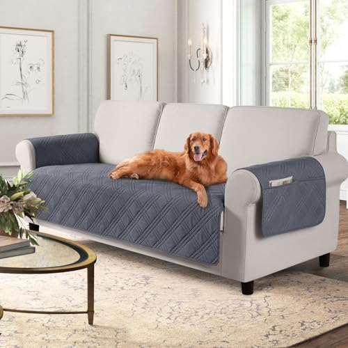 TAOCOCO Waterproof Couch Covers for Pets Dogs with Non Slip Backing, Sofa Seat Covers with Side Pocket for 3 Cushion Couch Washable Dog Couch Cover Protector Sofa Slipcovers(Sofa, Dark Grey) - color: Dark Grey, size: Sofa(Seat Width: 67.3'')