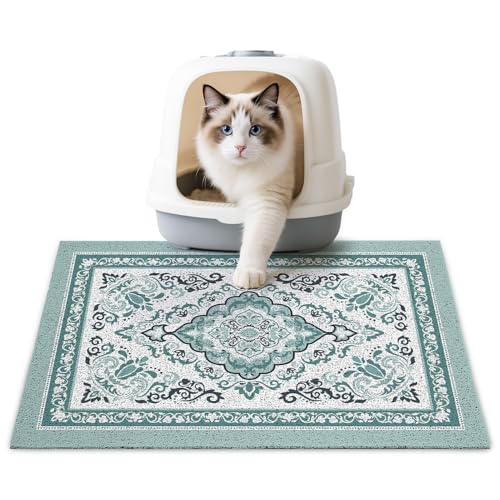 Cat Litter Mat 24" x 15" Non-Slip Litter Box Mat Washable Litter Catcher Mat for Litter Box Indoor Food Mat Supplies Essentials, Dark Cyan - color: Dark Cyan, size: 24X15in