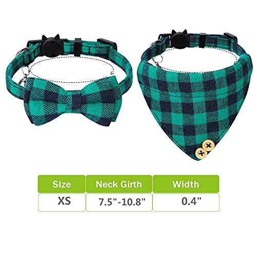 Faleela Breakaway Cat Collar with Bells - 2 Pack Cat Collar with Bells, Cat Collars with Bandana, Accessories for Pet Collars, Adjustable for Cats and Small Dogs - color: Green bow+bandana
