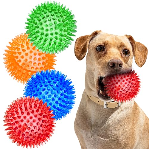 SHARLOVY 3'' Squeaky Balls for Small Dogs, 4 Colors Spiky Dog Balls for Puppy Teething, Durable Puppy Chew Toys for Teething, Indestructible Toys to Fetch and Train, BPA Free Non-Toxic - size: Medium Set of 4