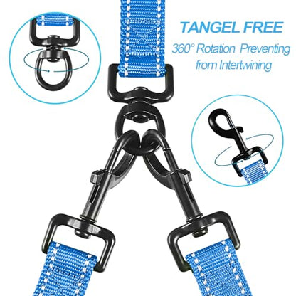 Double Dog Leash, No Tangle Dual Leash, Reflective Walking Training Lead, 4 Comfortable Padded Handles for 2 Dogs with Collapsible Bowl and Waste Bags (Light Blue, Large) - color: Light Blue