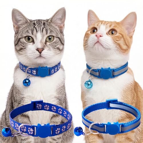 Blue Break Away Cat Collar with Bells, [2 Pack] Breakaway Kitten Collar with Bells, Reflective Cat Collar for Girl Cats Kitty - color: Dark Blue
