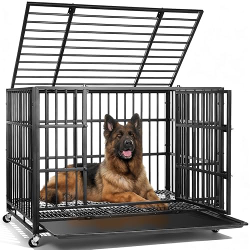 VOWNER 42 inch Heavy Duty Indestructible Dog Crate, Escape-Proof Dog Crate Cage Kennel with 4 Lockable Wheels, High Anxiety Dog Crate with Double Door and Removable Tray Design, for Large Dogs - size: 42.1"L x 27.6"W x 31.3"H