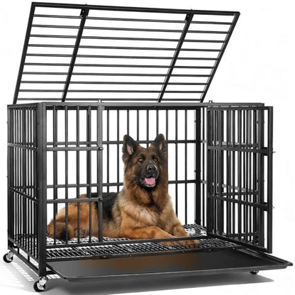 VOWNER 42 inch Heavy Duty Indestructible Dog Crate, Escape-Proof Dog Crate Cage Kennel with 4 Lockable Wheels, High Anxiety Dog Crate with Double Door and Removable Tray Design, for Large Dogs - size: 42.1"L x 27.6"W x 31.3"H