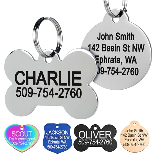 GoTags Stainless Steel Pet ID Tags, Personalized Dog Tags and Cat Tags, up to 8 Lines of Custom Text, Engraved on Both Sides, in Bone, Round, Heart, Bowtie and More (Dog Bone, Regular (Pack of 1)) - size: Regular (Pack of 1), style: Dog Bone
