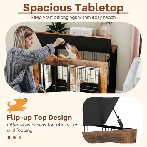 PETSITE Portable Dog Crate Furniture, 38 Inch Wooden Dog Kennel Side Table with Flip-up Top, 3 Lockable Doors and Removable Tray, Ideal for Small to Medium Dogs (Rustic Brown) - color: Rustic Brown