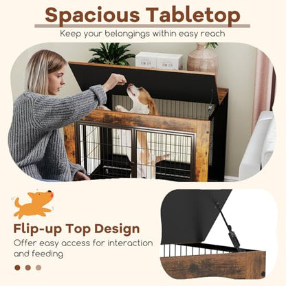 PETSITE Portable Dog Crate Furniture, 38 Inch Wooden Dog Kennel Side Table with Flip-up Top, 3 Lockable Doors and Removable Tray, Ideal for Small to Medium Dogs (Rustic Brown) - color: Rustic Brown