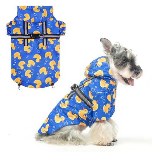 BEAUTYZOO Dog Raincoat Hooded with Harness Built-in, Waterproof Jacket Poncho for Small, Medium, Large Dogs, Girls and Boys, Yellow Duck, Winter Rainy Snowy Days - color: Duck Blue, size: M(Back 15", Chest 22.5", Neck 16")
