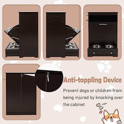 Dog Food Cabinet Feeding Station with 2 Raised Bowls, Pull Out Elevated Dog Bowl, Storage, 3 Hangers, Pet Feeder Toy Leashes Organizer, Brown - color: Brown