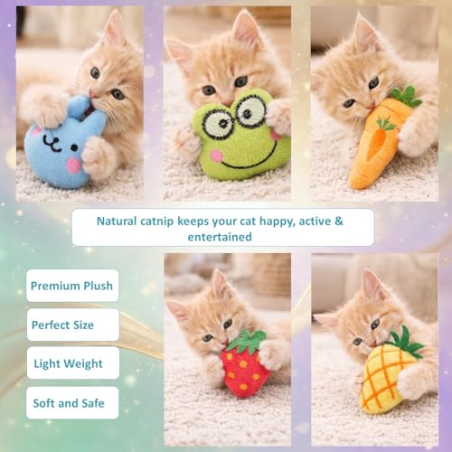 Catnip Toys for Indoor Cats – 5 Pack Plush Cat Toys with Catnip, Interactive Kicker & Chew Toys for Kittens, Cute Soft Indoor Cat Toy Set, Fruit & Animal Designs