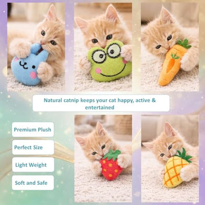 Catnip Toys for Indoor Cats – 5 Pack Plush Cat Toys with Catnip, Interactive Kicker & Chew Toys for Kittens, Cute Soft Indoor Cat Toy Set, Fruit & Animal Designs
