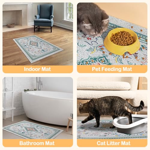 Glittme Cat Litter Mat with Non-Slip Bottom Litter Box Mat 24"X15" Litter Trapping Mat Easy to Clean Washable Cat Food Mat for Kitty,S - color: Cyan-blue, size: 24"x15"