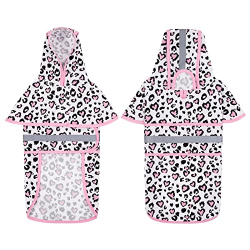 HDE Dog Raincoat Jacket Reflective Adjustable Hooded Pet Poncho Rain Coat with Leash Hole for Small to X-Large Dogs Leopard Hearts - S - color: Leopard Hearts, size: Small