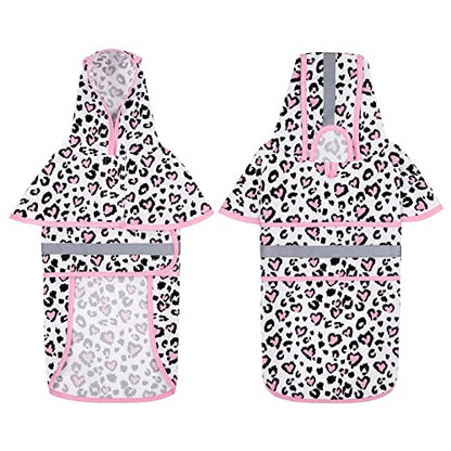 HDE Dog Raincoat Jacket Reflective Adjustable Hooded Pet Poncho Rain Coat with Leash Hole for Small to X-Large Dogs Leopard Hearts - S - color: Leopard Hearts, size: Small