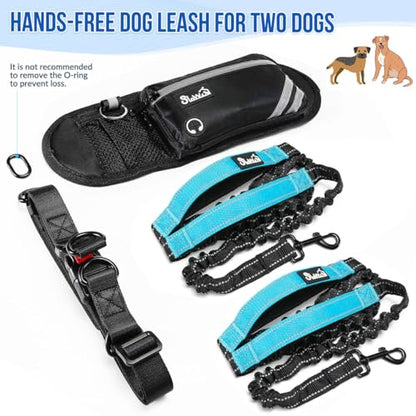 SlowTon Hands Free Dog Leash 2 Dogs - with Removable Zipper Pouch, Shock Absorbing Bungee, Dual Handle & Reflective Stitches, Wide Padded Adjustable Waist Leash for Dogs Walking Running, XL for 2 Dogs - size: X-Large for 70-135 lbs