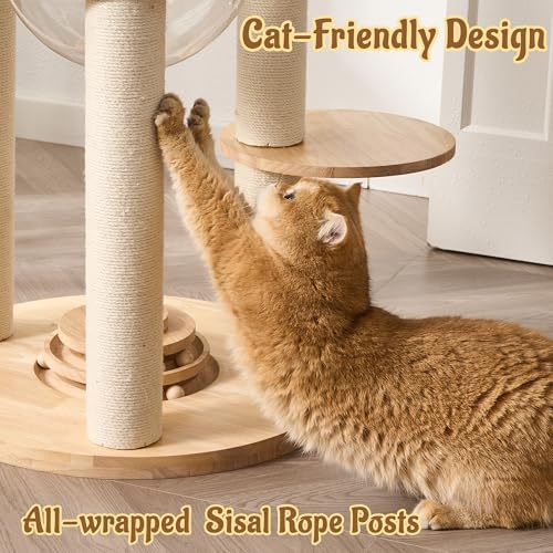 Modern Cat Tree Tower with Scratching Post, 61.5in Tall Cat Tree for Indoor Cats, Multi-Level Solid Wood Cat Furniture with Cozy Cat Beds, Condo, Hammock, Capsule Nest, Turntable Toy, Natural - color: 61.5"-V-Natural