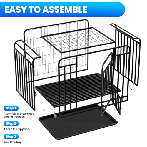 37-Inch Medium Dog Crate with Divider, Double Door Folding Alloy Metal Wire Cage with Leak-Proof Plastic Tray, Portable Pet Kennel for Indoor, Outdoor, and Travel,Black