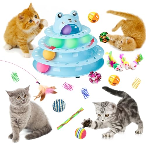 17 Pack Cat Toys, 4-Level Turntable Ball Track Interactive Cat Toy for Indoor Cats, Self Play Fun Roller with Colorful Rotating Ball Puzzle Exercise Kitten Toys Set - color: Light Blue