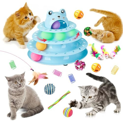 17 Pack Cat Toys, 4-Level Turntable Ball Track Interactive Cat Toy for Indoor Cats, Self Play Fun Roller with Colorful Rotating Ball Puzzle Exercise Kitten Toys Set - color: Light Blue