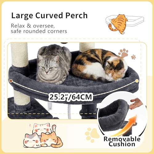 Heybly Cat Tree, 74-Inch Streamlined Cat Tower for Large Cats with 3-Tier Stacked Condos, Cat Furniture with Large Perch, Sturdy Base, Full Sisal Scratching Posts & Ramp, Smoky Gray HCT061G - color: Smoky Gray