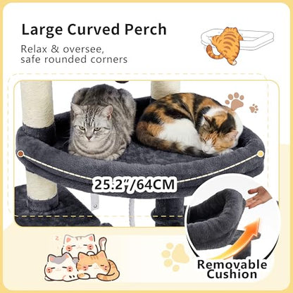 Heybly Cat Tree, 74-Inch Streamlined Cat Tower for Large Cats with 3-Tier Stacked Condos, Cat Furniture with Large Perch, Sturdy Base, Full Sisal Scratching Posts & Ramp, Smoky Gray HCT061G - color: Smoky Gray