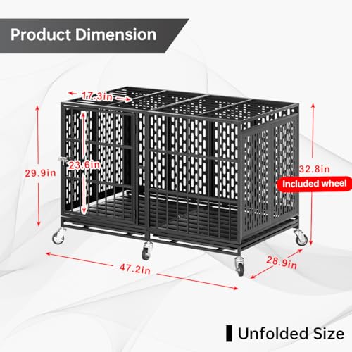 Snuowu 48 Inch Heavy Duty Dog Crate with Wheels, Metal Big Dog Cage for Large and Medium Dogs, Extra Large XL XXL Indestructible Dog Crate with Removable Tray. - size: 47.2"L x 28.9"W x 32.8"H