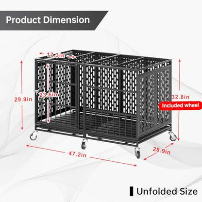 Snuowu 48 Inch Heavy Duty Dog Crate with Wheels, Metal Big Dog Cage for Large and Medium Dogs, Extra Large XL XXL Indestructible Dog Crate with Removable Tray. - size: 47.2"L x 28.9"W x 32.8"H