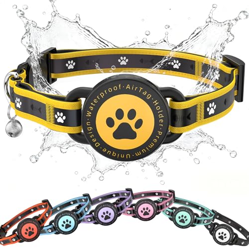 Airtag Cat Collar Breakaway, Reflective Cat Collar with AirTag Holder and Bell, Compatible with Apple Air Tag, Comfortable Padding, Adjustable, Durable (Yellow, XS) - color: Yellow, size: XS(8"-10.5")