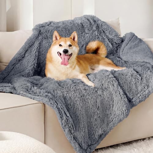 Bedsure Dog Blankets for Large Dogs, Fluffy Waterproof Dog Blanket for Couches Washable, Fuzzy Faux Fur Pet Throw Blankets for Medium Dogs, 40 x 50 inch, Grey - color: Grey, size: L(40x50")