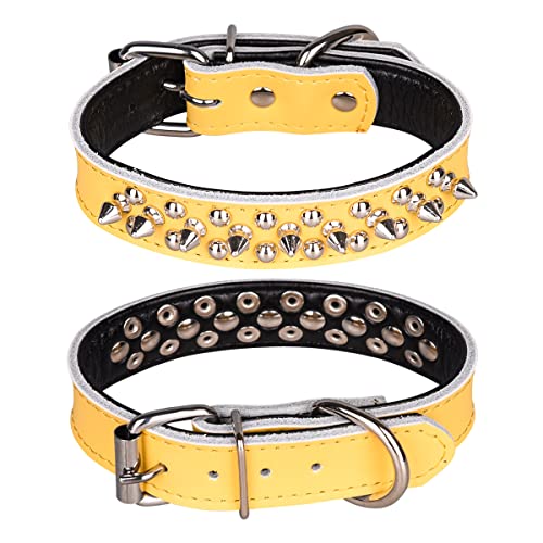 Spiked Studded Dog Collar, Genuine Leather Dog Collar, Adjustable Pet Collars for Small or Medium Pet (S, Yellow-2) - color: Yellow-2, size: S