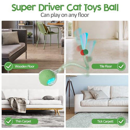 Interactive Cat Toys Ball for Indoor Cats, Automatic Moving Ball Toy with Elastic Mesh Tail, Chirping & Obstacle Avoidance and Motion Activated, Green【Rechargeable】 - color: Green