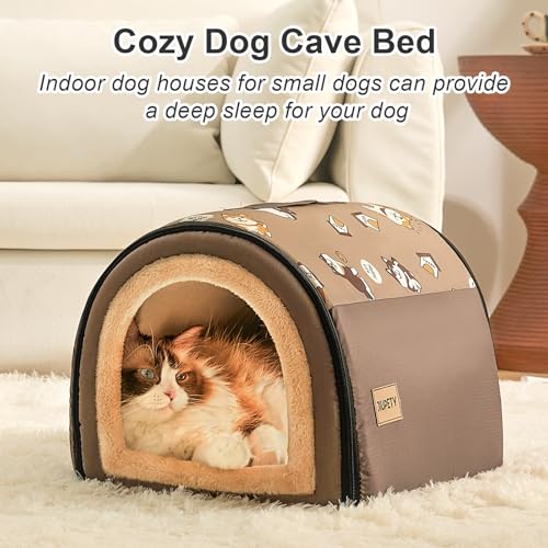 Jiupety Cozy Small Pet Dog House, 2 in 1 Puppy House, S Size for Cat and Puppy, Warm Cave Sleeping Nest for Cats and Dogs, S(14"×12"×11"), Up to 5 Lb, Brown - style: S